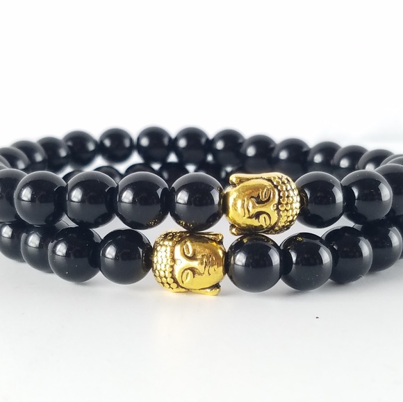 Men's Black Jasper Gold Buddha Bracelet - Picture 5 of 5